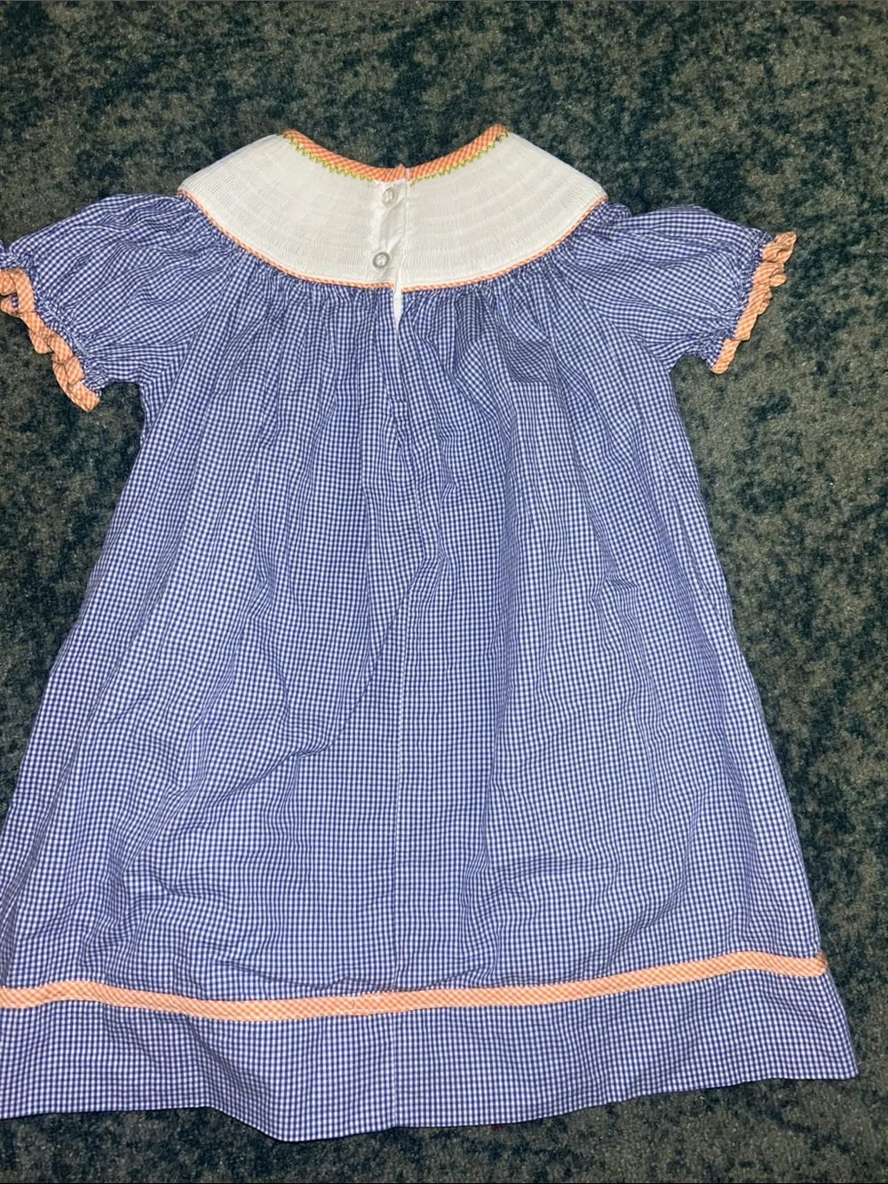 Blue Gingham Pumpkin Smocked Kids Dress with Peach Trim